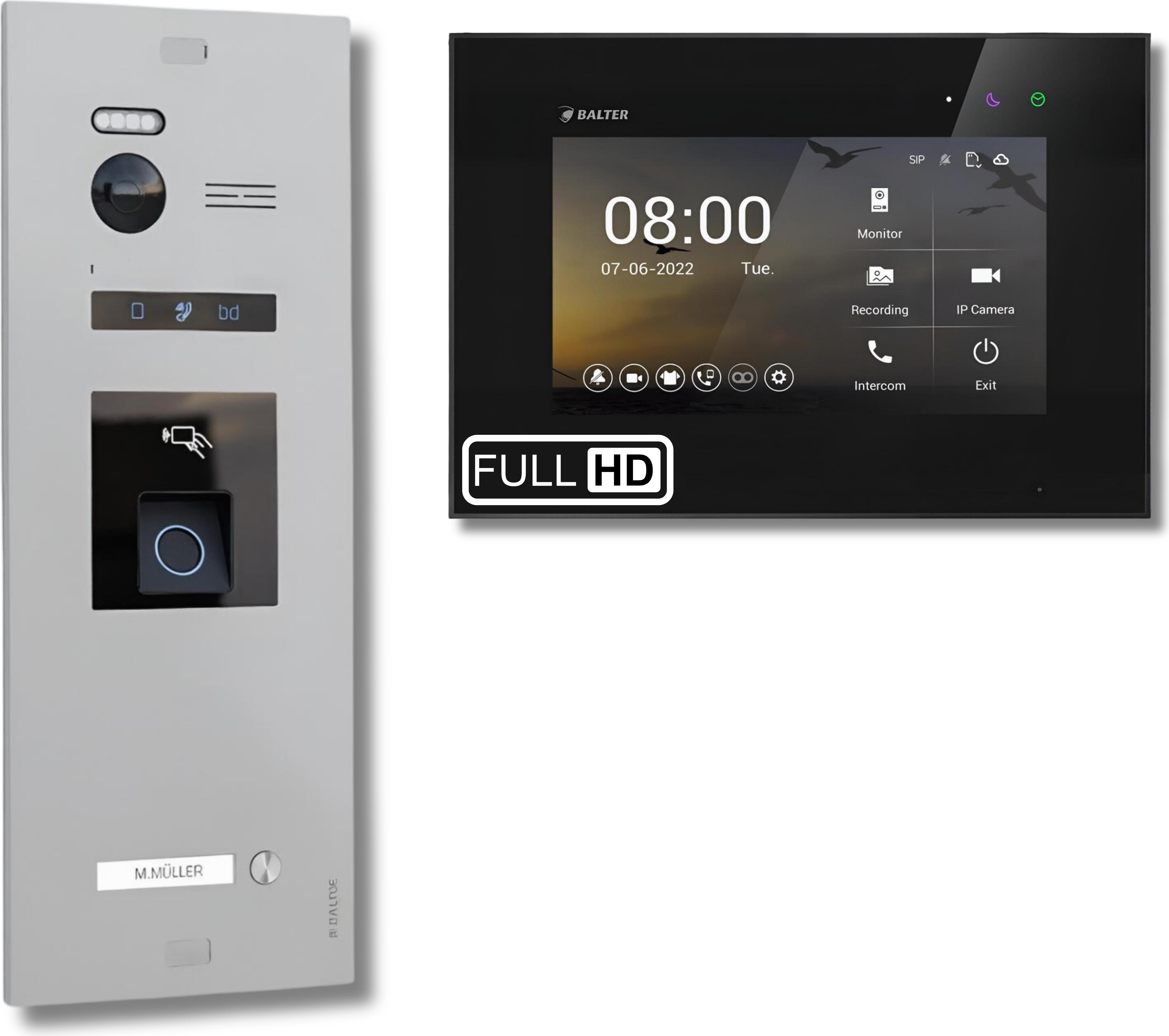 BALTER EVO HD Silber Video Türsprechanlage Fingerprint Set 1 Teilnehmer 7" Monitor Schwarz