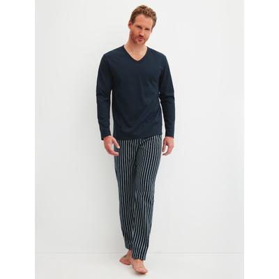 Schlafanzug CALIDA "Cotton Special", Herren, Gr. L (52/54), blau (saphir blau), Single Jersey, Obermaterial: 100% Baumwolle, bequem lang, V-Ausschnitt, gerader Abschluss, Homewear-Sets Schlafanzug, Langarm, V-Ausschnitt, Comfort Fit, lange Hose