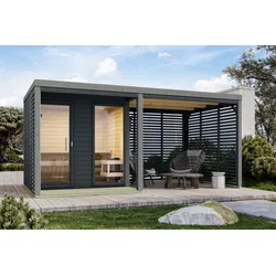 Karibu Saunahaus Ares 2 - Hybridhaus mit Metallrahmen 270 cm Anbaudach - 38 mm naturbelassen Blech-Ausführung: graualuminium Ohne Ofen inkl. gratis Zubehörpaket im Wert von 126,96€