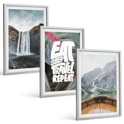 BILDER SET 3er Set - 40x60 cm Silberner Rahmen - Wasserfall Berge Natur Boot