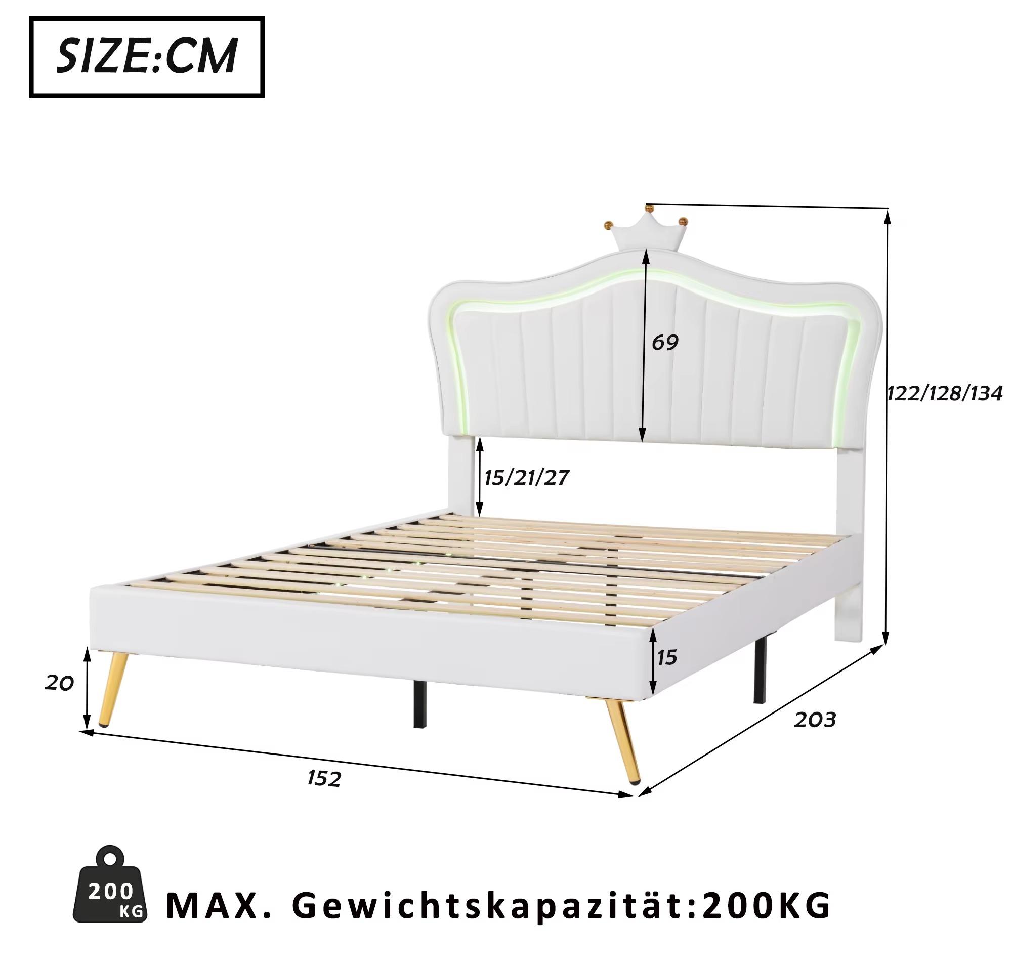 Kinderbett - Holzbett 140 x 200 cm - Kronenmotiv - LED-Beleuchtung - Lattenrost - Rückenlehne - Matratze nicht enthalten - Weiß