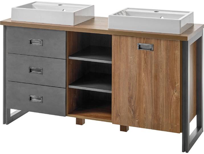 Waschtisch HOME AFFAIRE Detroit, Unterschrank mit Apothekergriff, Badschrank, Industrialdesign , gelb (eiche honigfarben dekor, schiefer, nachbildung, eiche honigfarben dekor), B:138cm H:85cm T:40cm, Waschtische, Waschtisch