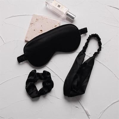 Everyday Crate SilkyDream Faux Silk Sleep Mask Set With Headband & Scrunchie For Restful Beauty Sleep black