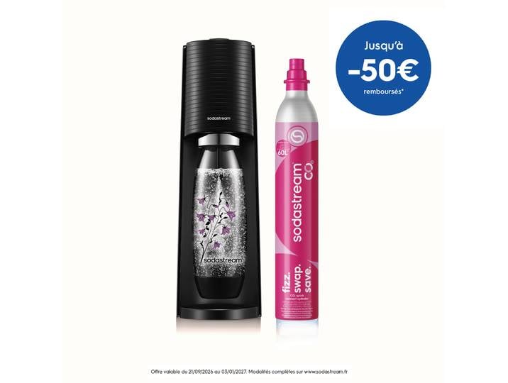 Machine à eau pétillante Terra noire avec bouteille noire fleurs violettes SODASTREAM