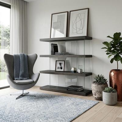 Davee Furniture Modern 4-Tier Wood and Glass Bookcase, 47-Inch Low Open Display Shelf - 47'' x 43'' x 16''