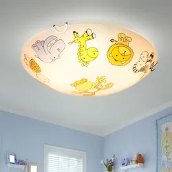 Kinderleuchte Deckenlampe Glas Kinderzimmerlampe rund, Glas bunt mit Tiermotiven, 2x E27, DxH 30x6,5 cm