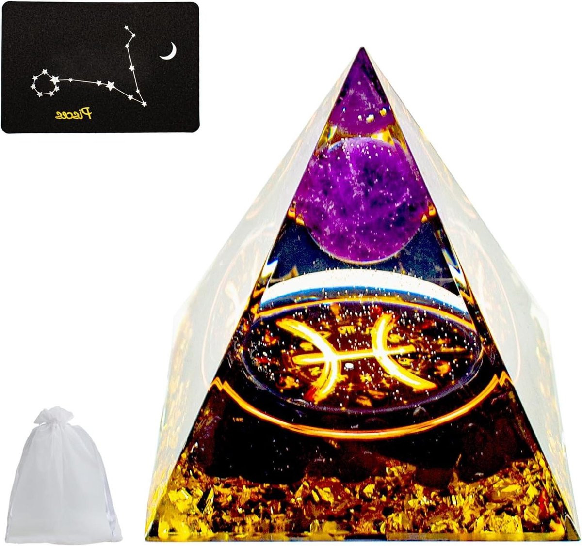 Orgoniet Piramide Kristal Decoratie voor Meditatie en Ontspanning - Handgemaakt met Sterrenbeeld - Multicolor - 10 x 10 cm