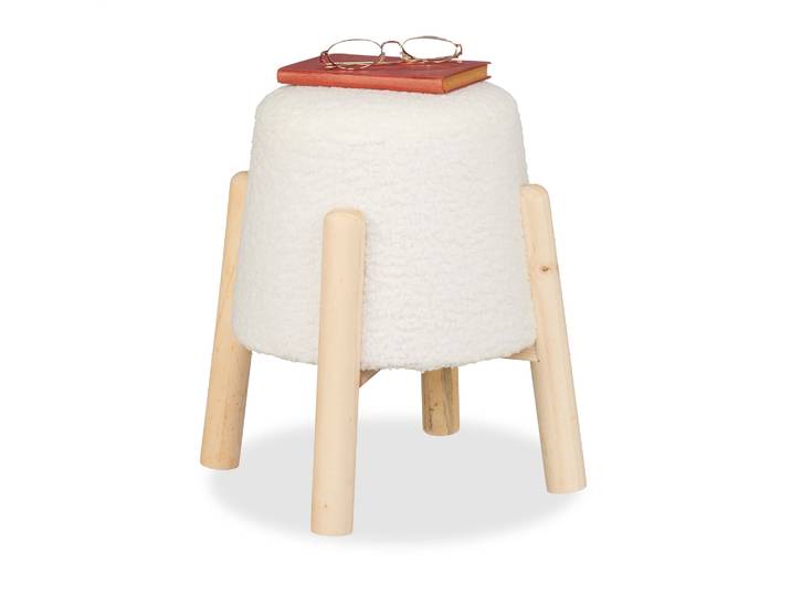 Sitzhocker mit Teddyfell Weiss-Hellbraun