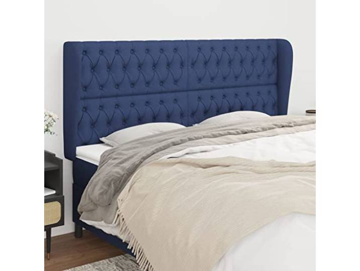 KTHLBRH Kopfteil mit Ohr, Blau, aus klassischem Stoff, elegantes Design, komplett aus strapazierfähigem Material, atmungsaktiv, höhenverstellbar, Beine aus Lärchenholz