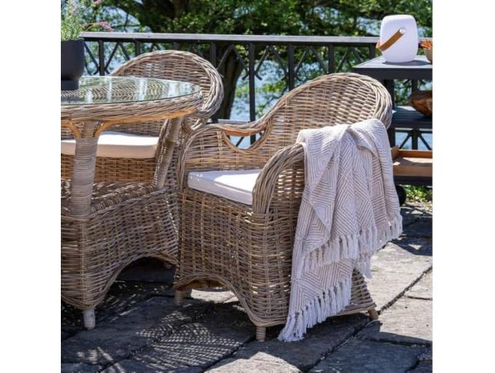 LEBENSwohnART Rattan-Sessel Charlotte Antique Grey mit Sitzkissen Stuhl Armlehnstuhl Rattan