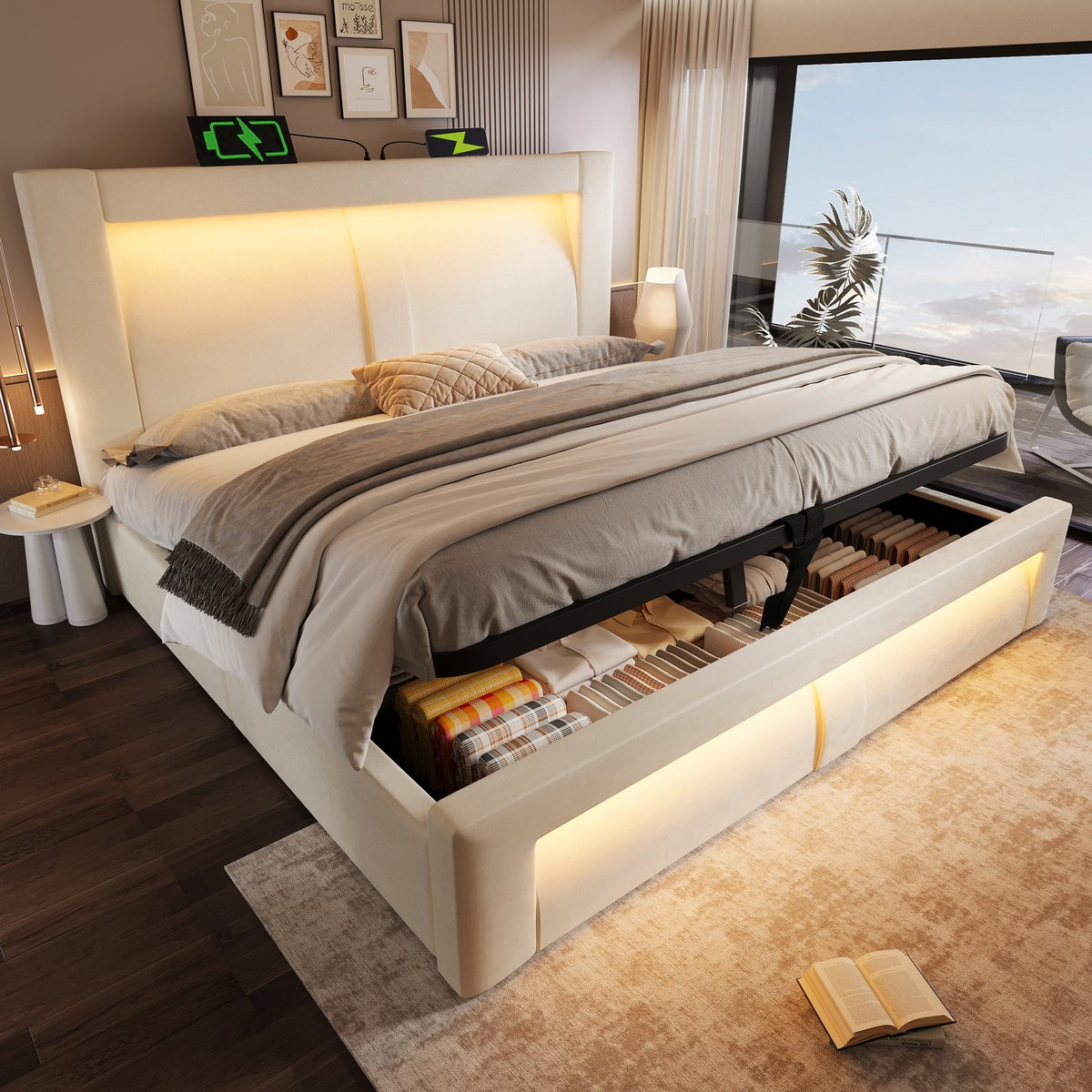 OKWISH Gestoffeerd Hydraulisch Opbergbed met Led Verlichting en App Bediening, Beige Fluweel, 180x200 cm