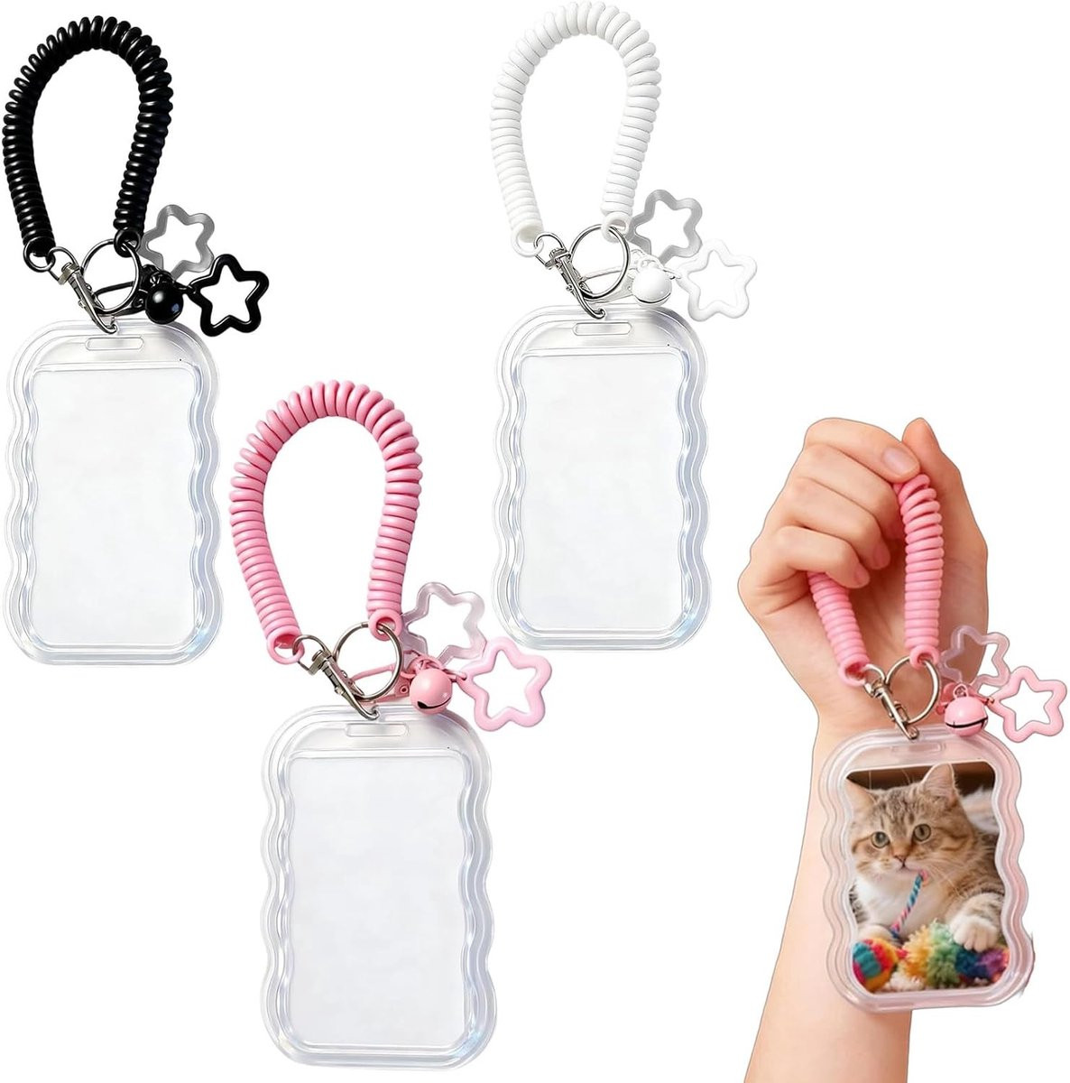 Set van 3 Foto en ID Kaart Houder Sleutelhangers met Veerhaak - Wit, Zwart en Roze