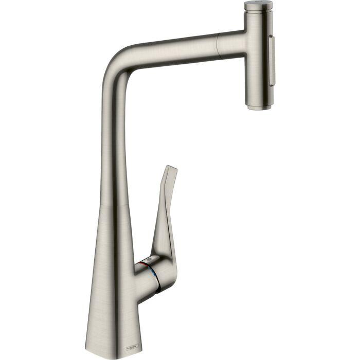 hansgrohe Metris Select 2-Loch-Küchenarmatur 73820800 Edelstahl-optik, schwenkbarer Ausziehauslauf, 2jet, sBox