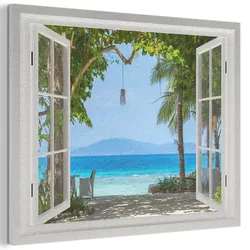 AKUSTIKBILD Aussicht - Baum - Meer - Palme - Hügel - Strand - Blau Wanddeko 70x50 cm