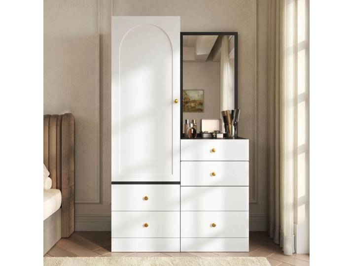 Coiffeuse armoire multifonctionnelle 90 x 50 5x160 cm miroir tabouret coulissant tiroirs compartimentés 3 tiroirs blanc MDF