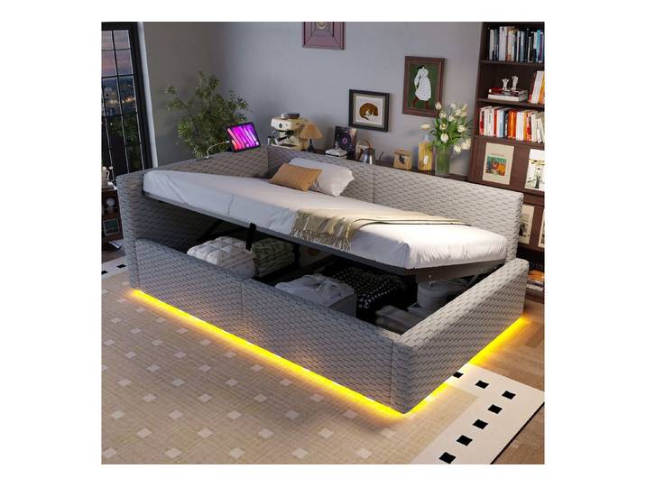 HAUSS SPOLE Polsterbett 90x200 mit LED & L-förmiger Rückenlehne,Schlafsofa mit Bettkasten,Grau (Tagesbett mit Großzügiges Stauraumvolumen, mit LED-Beleuchtung und einer multifunktionalen Ladeschnittstelle), L-förmigen Rückenlehne zu unterhalten, entspannen oder arbeiten