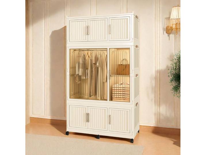 MEULVA Armoire modulable pliable en PP 9 portes magnétiques penderie et roulettes verrouillables blanc crème