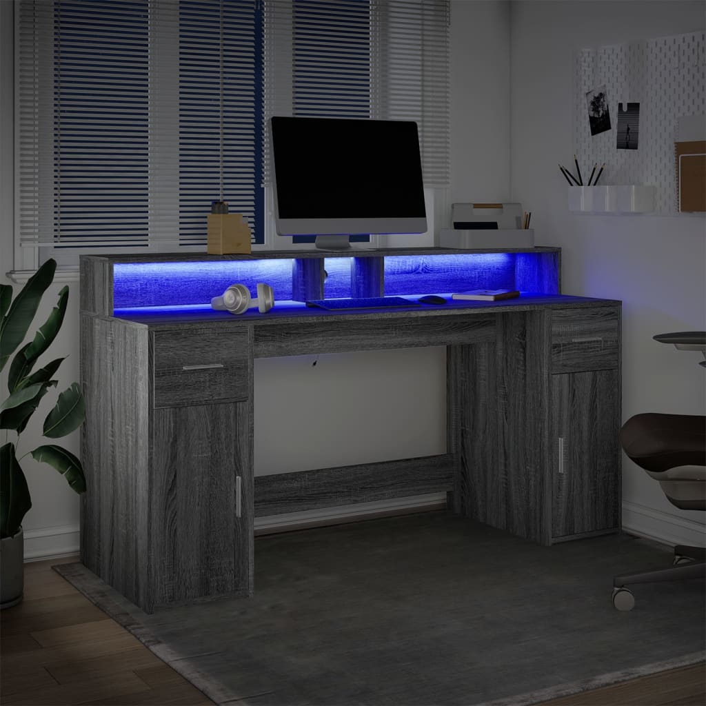 vidaXL Escritorio con LED madera ingeniería gris sonoma 160x55x91 cm Gris