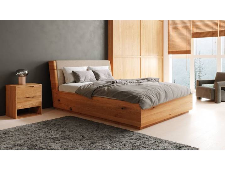 Designer Holzbett Cassian aus massiver Eiche mit Stauraum - Beige - 180x200 - Mattlack - Luxusbetten24