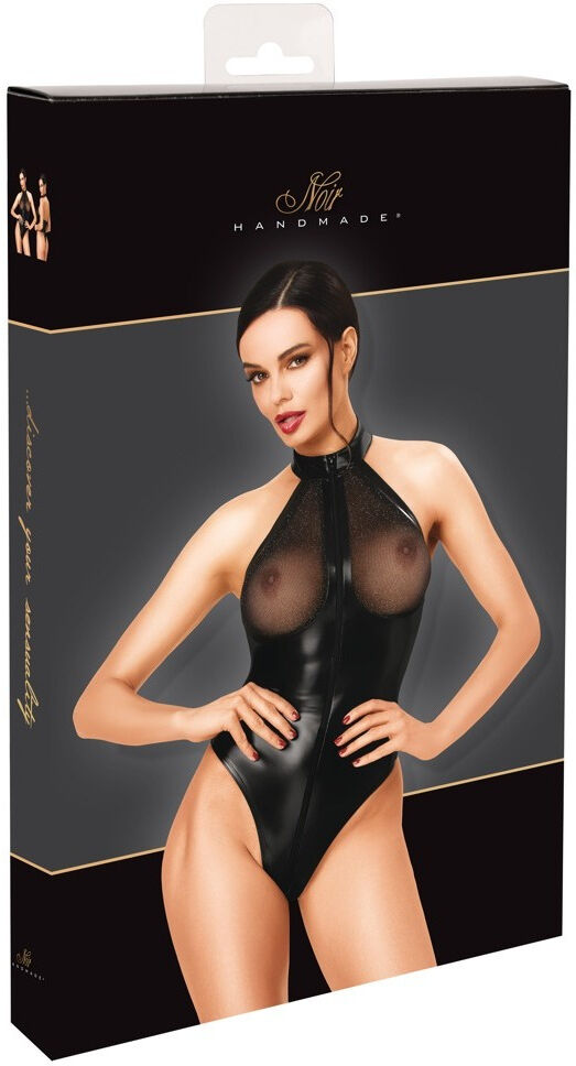 Body string en wetlook noir à col montant et épaules dénudées