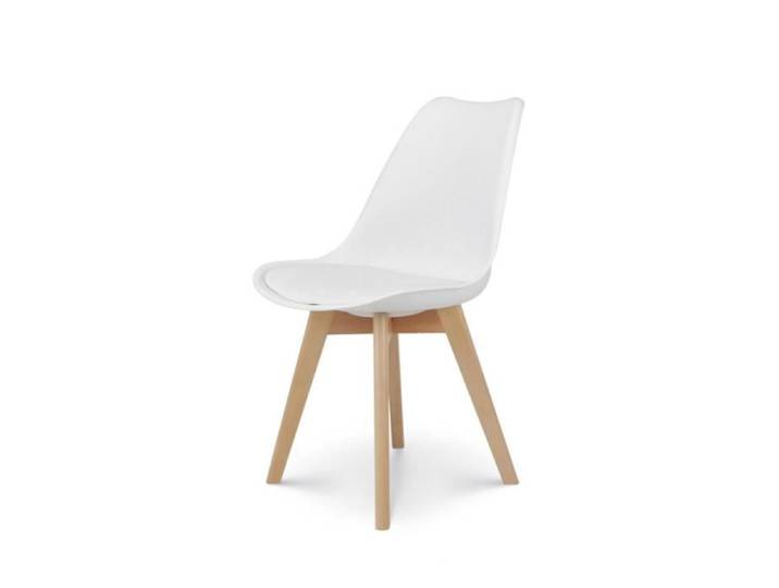 Chaise style scandinave VICTOIRE - Coque en résine blanche rembourrée et pieds en bois naturel