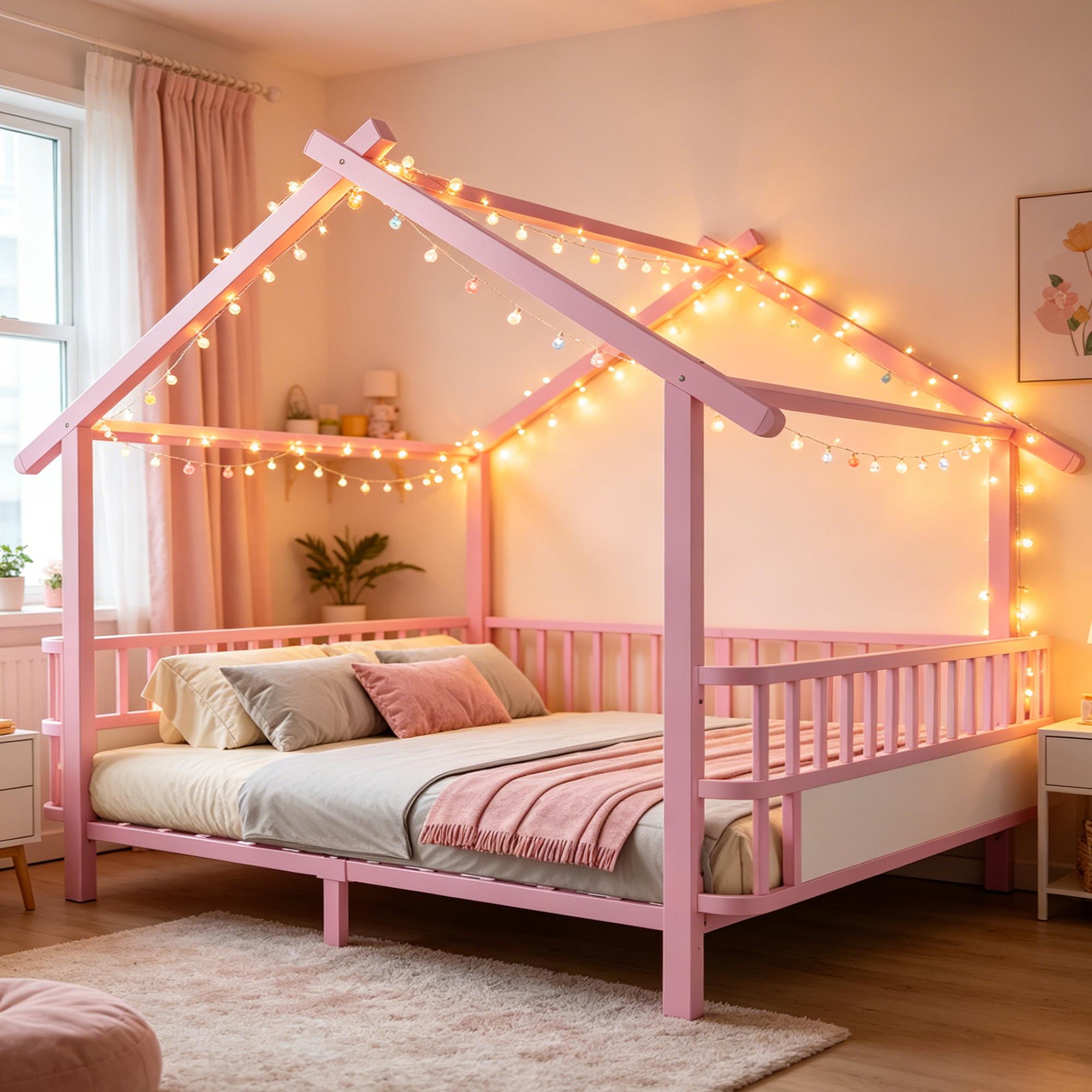 okwish Kinderbett 140×200 mit Matratze Sicherheitsgitter, Jugendbett Design in Dachform, Einzelbett in Rosa