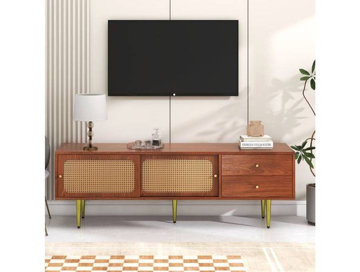 Meuble TV 160x40x60 cm EVRYAE - avec 2 portes coulissantes et 2 tiroirs rangement réglable et passe-câbles - Noyer