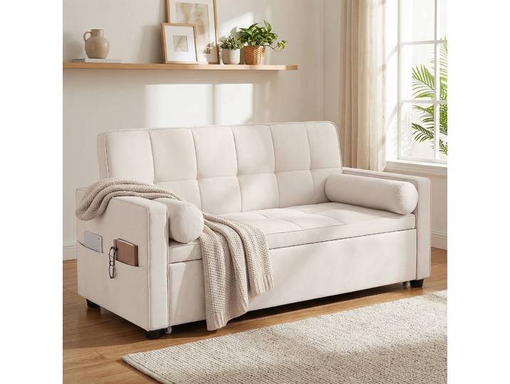 HOMCOM Canapé Convertible 2 Places Beige avec Lit Gigogne