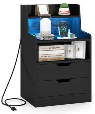 Costway Nightstand with LED Light and Charging Station for Living Room Bedroom-Black