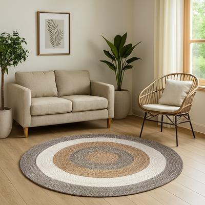 Teppich "Terra Rings", beige (natur, beige, taupe), H:10mm Ø:150cm, Jute, MYFLAIR MÖBEL & ACCESSOIRES, Teppiche, Teppich, Juteteppich, handgeflochten, Wendeteppich, gestreift, reine Naturfaser