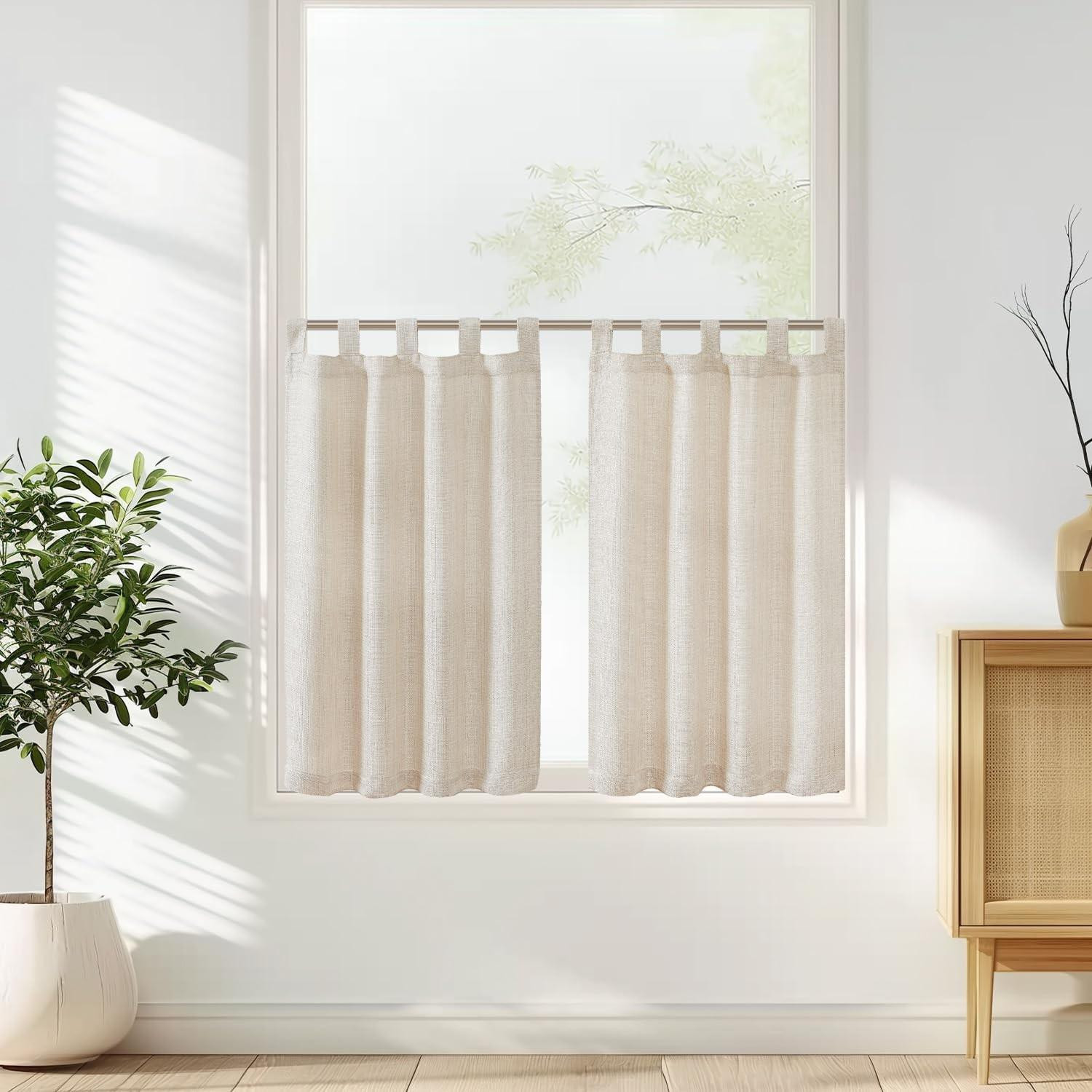 Set van 2 beige semi transparante keukengordijnen voor volwassenen