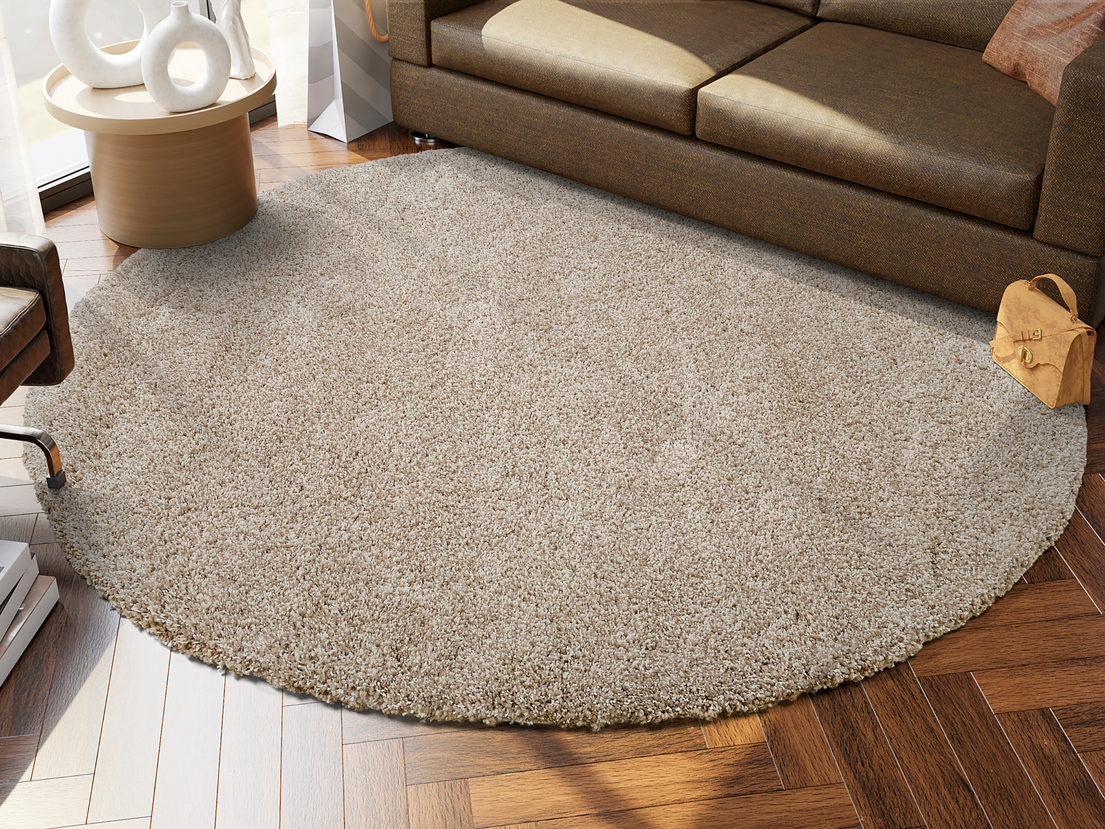 home24 Hoogpolig vloerkleed Calmo Lusso rond Ø 100 cm beige