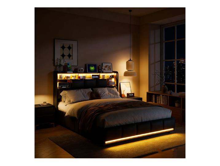 PXloue Polsterbett Modernes Bett mit LED-Beleuchtung und Regal (Hydraulisch hebbarer Stauraum), Stilvolles Design mit Stauraum und Lattenrost.
