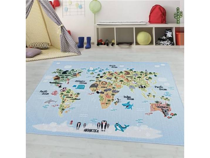 Teppium Tapis pour Enfants avec Carte du Monde et Animaux\, Lavable\, pour garçons et Filles\, adapté pour Chambre d'enfant Taille: 160 x 230 cm\, Couleur: Bleu-3
