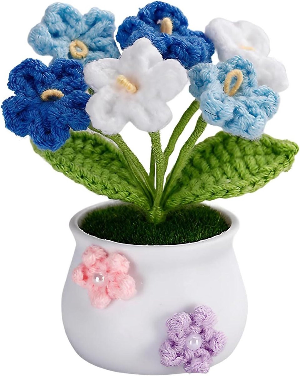 Handgemaakte gehaakte bloemen decoratie - Wit blauw - 10 x 11 cm