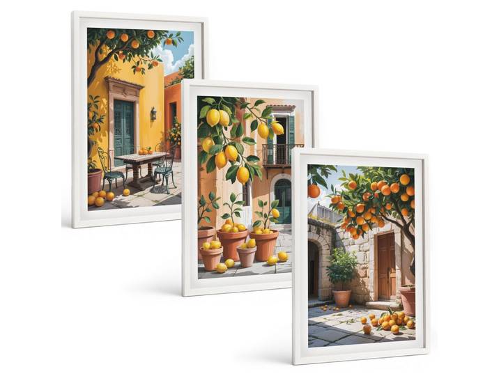 BILDER SET 3er Set - 40x60 cm Weißer Rahmen - Zitrusfrüchte im Garten
