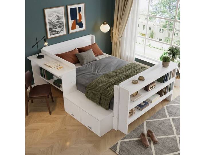 Lit en bois 120x200 cm avec bureau et Espace de rangement Lit fonctionnel blanc avec compartiment pliant Blanc
