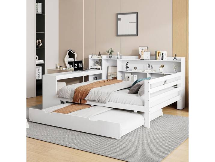 Lit combine 140x200 cm avec Lit gigogne bureau étagères compartiments de rangement et étagères avec prises Blanc