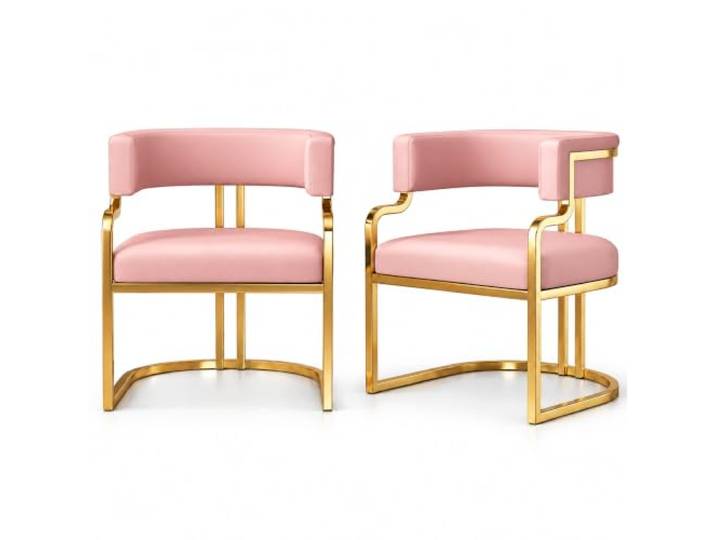 JS Ellie Esszimmerstuhl Kunstleder mit Armlehnen, Metallgestell in Gold Gebogene Lehne, Polstersitz, Pflegeleichter Bezug für Esszimmer, Büros und Empfangsräume(Pink,set of 2)