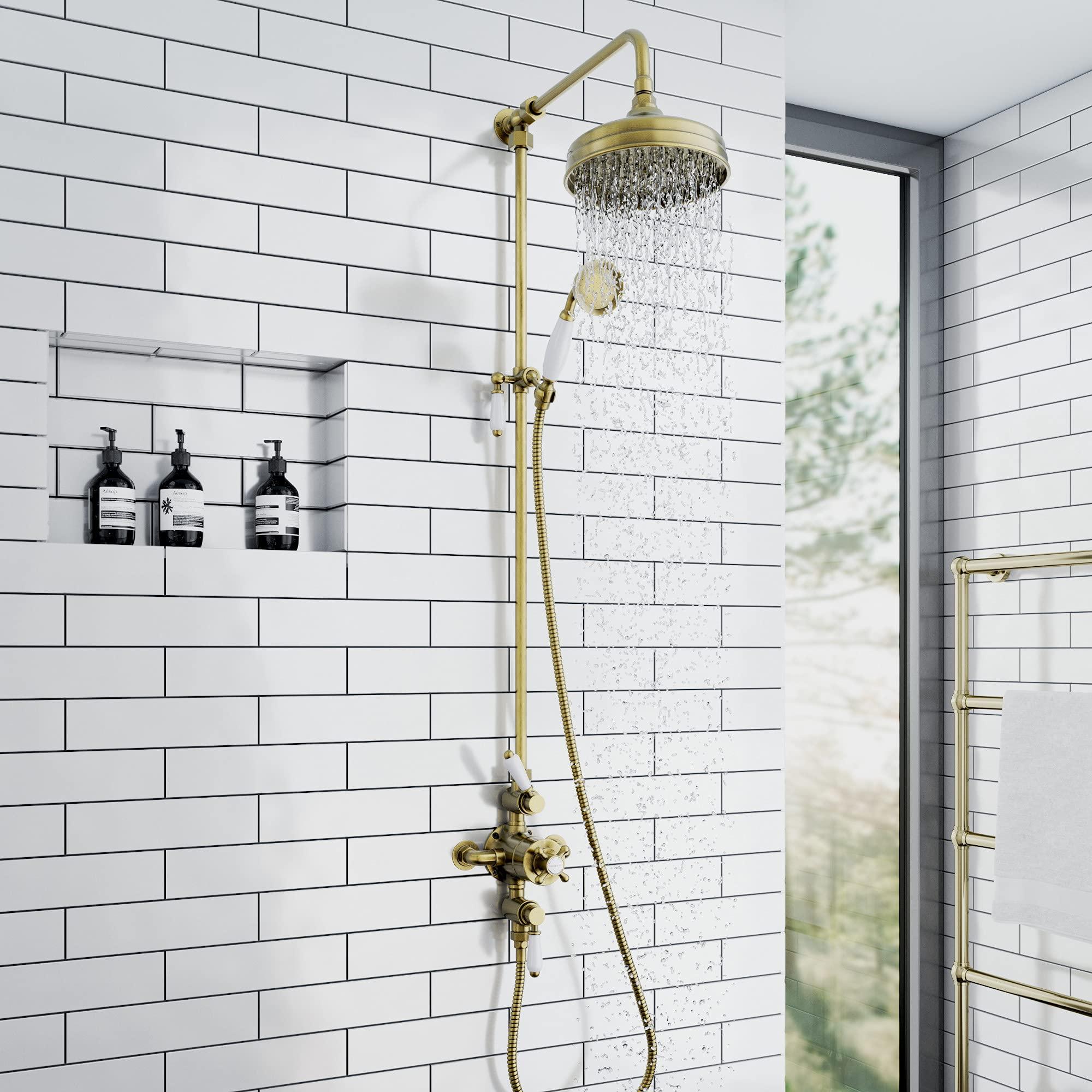 Doucheset, 2 Ausgänge, Thermostat, Antik-Messing, 200 mm Kopf