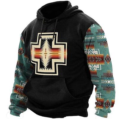 Herren aztekisch Cowboy Kapuzenshirts Pullover Ethnisch Cowboy Langarm Rundhalsausschnitt Ferien Streetwear Schwarz Blau Braun Kordelzug Herbst Winter Designer S M L XL XXL XXXL