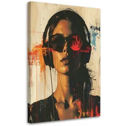 WANDBILD, Mädchen mit Brille und Kopfhörern