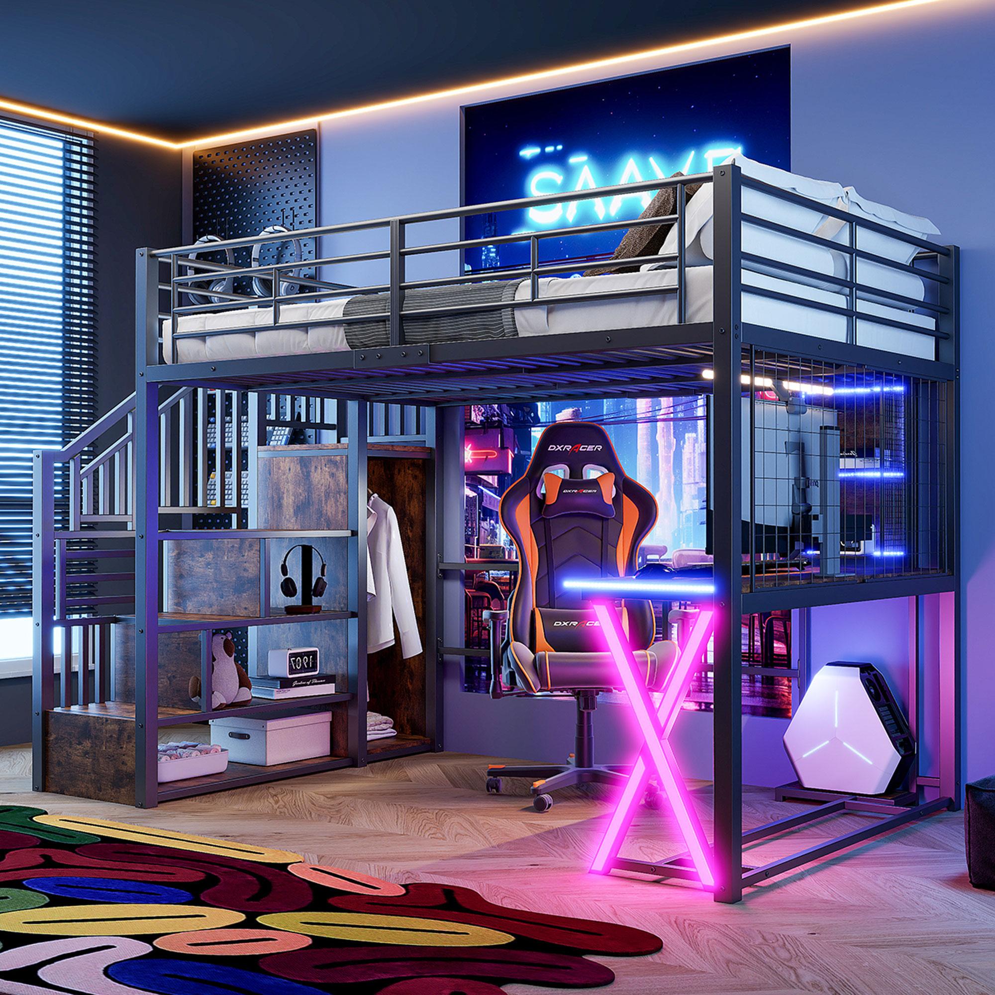 Merax Etagenbett Hochbett 140x200 cm, mit LED, Schreibtisch, Kleiderschrank, Ablageleiter, Regale, Metall Stockbett, Kinderbett, Schwarz