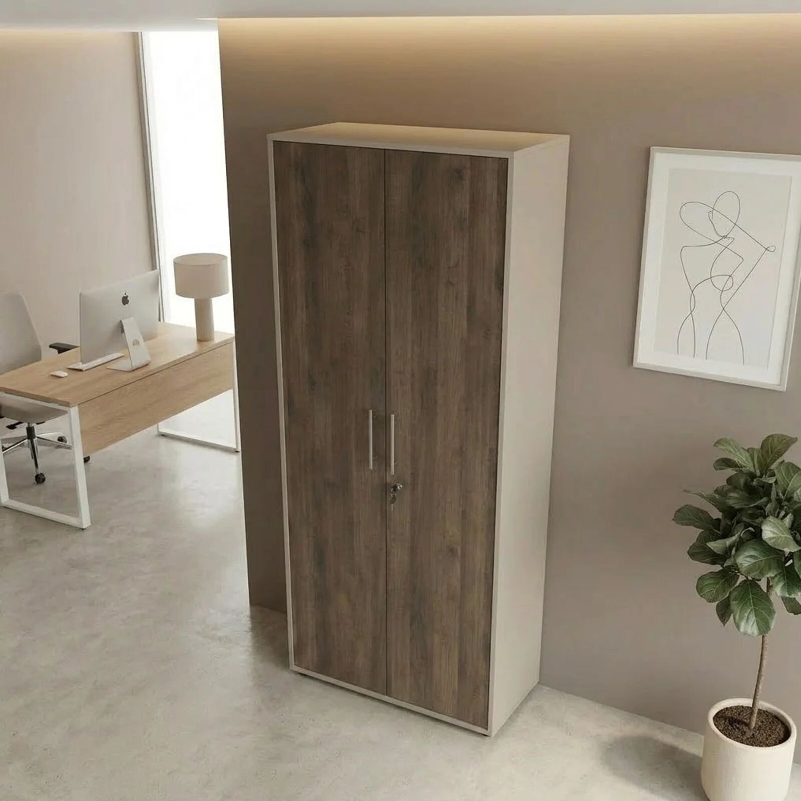 garneroarredamenti Armadio ufficio 79x188cm 2 ante con serratura beige cashmere noce Woody