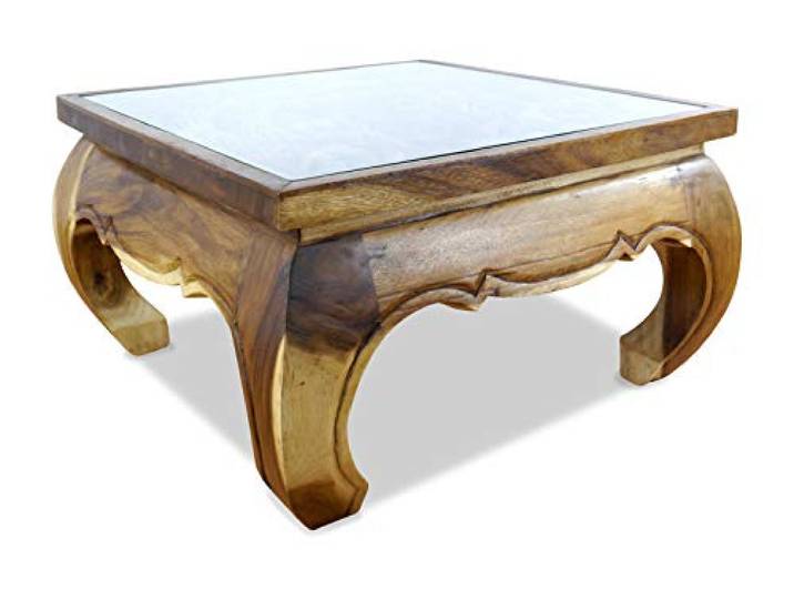 livasia Opiumtisch mit Glasplatte, asiatischer Couchtisch, Sofatisch mit Elefantenschnitzerei (76x76cm)