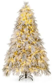 Costway 7 Feet Pre-Lit Snow Flocked Christmas Tree with Warm White LED Lights-7 ft
