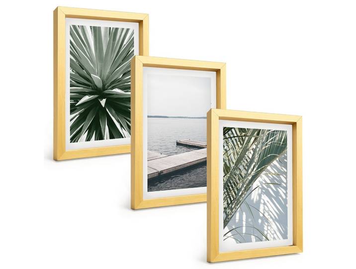 BILDER SET 3er Set - 20x30 cm Goldrahmen - Palmenblätter-Holzbrücke
