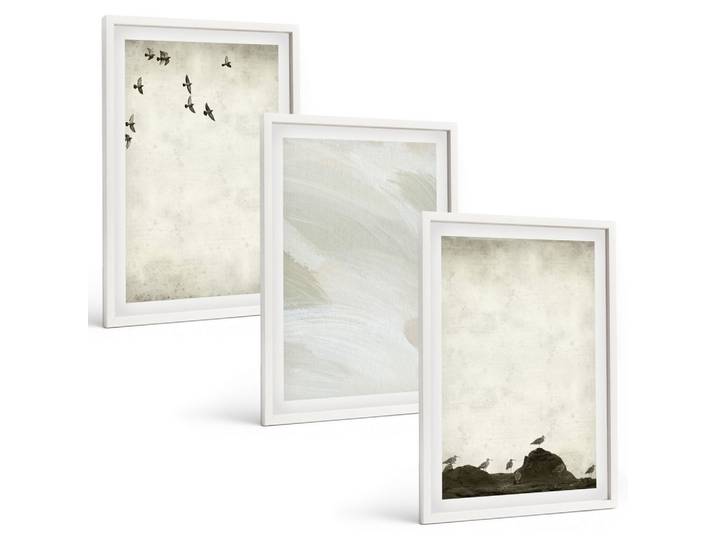 BILDER SET 3er Set - 40x60 cm Weißer Rahmen - Vögel, Steine, Pinselstriche, Verzierungen