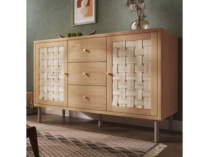 Buffet bas style campagne 2 portes 3 tiroirs étagères réglables décor chêne 120x40x75 cm métal Grjofek