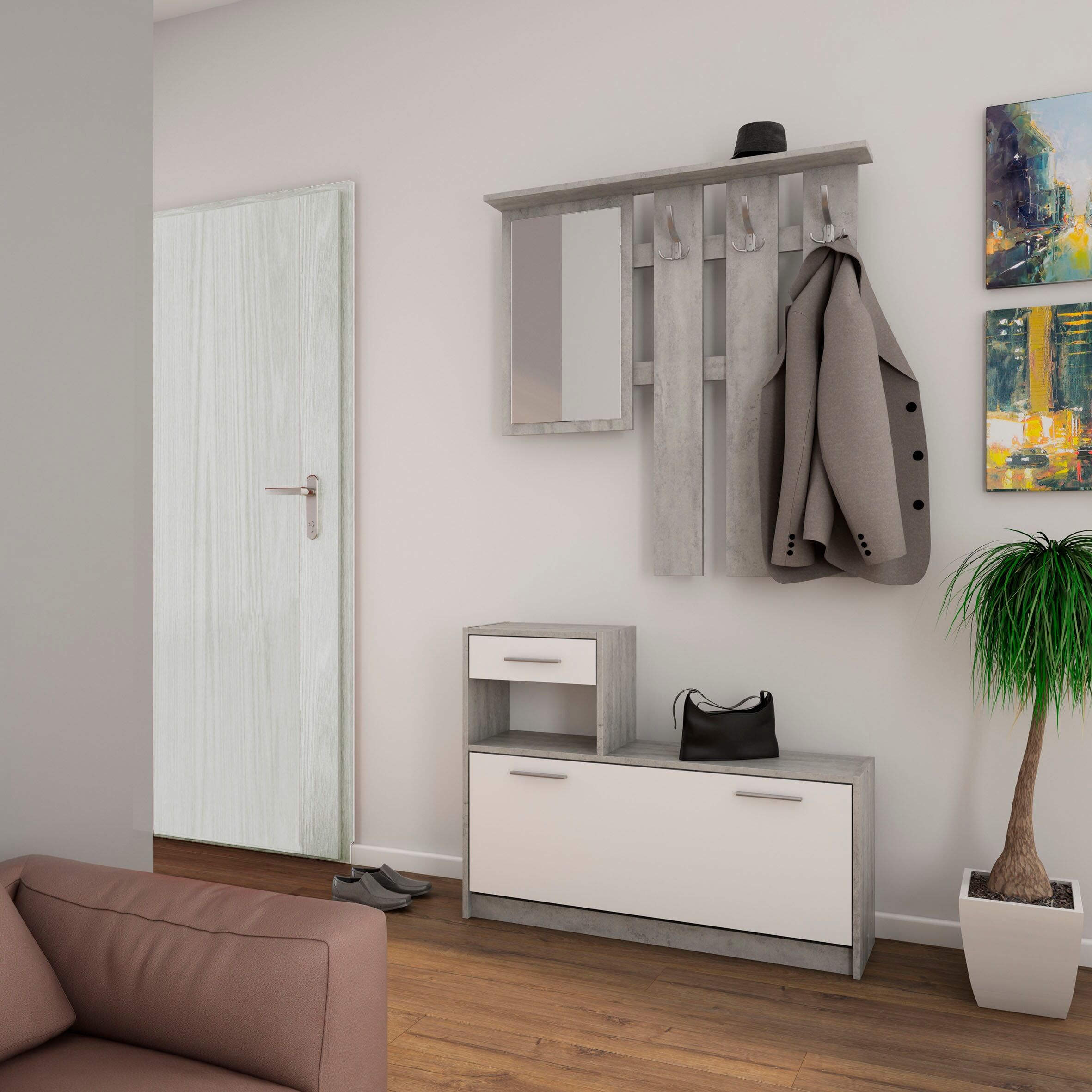 Garderoben-Set BYLIVING "Tamina", weiss (beton, weiß), Kastenmöbel-Sets, Garderoben-Set beton, weiß Einheitsgröße